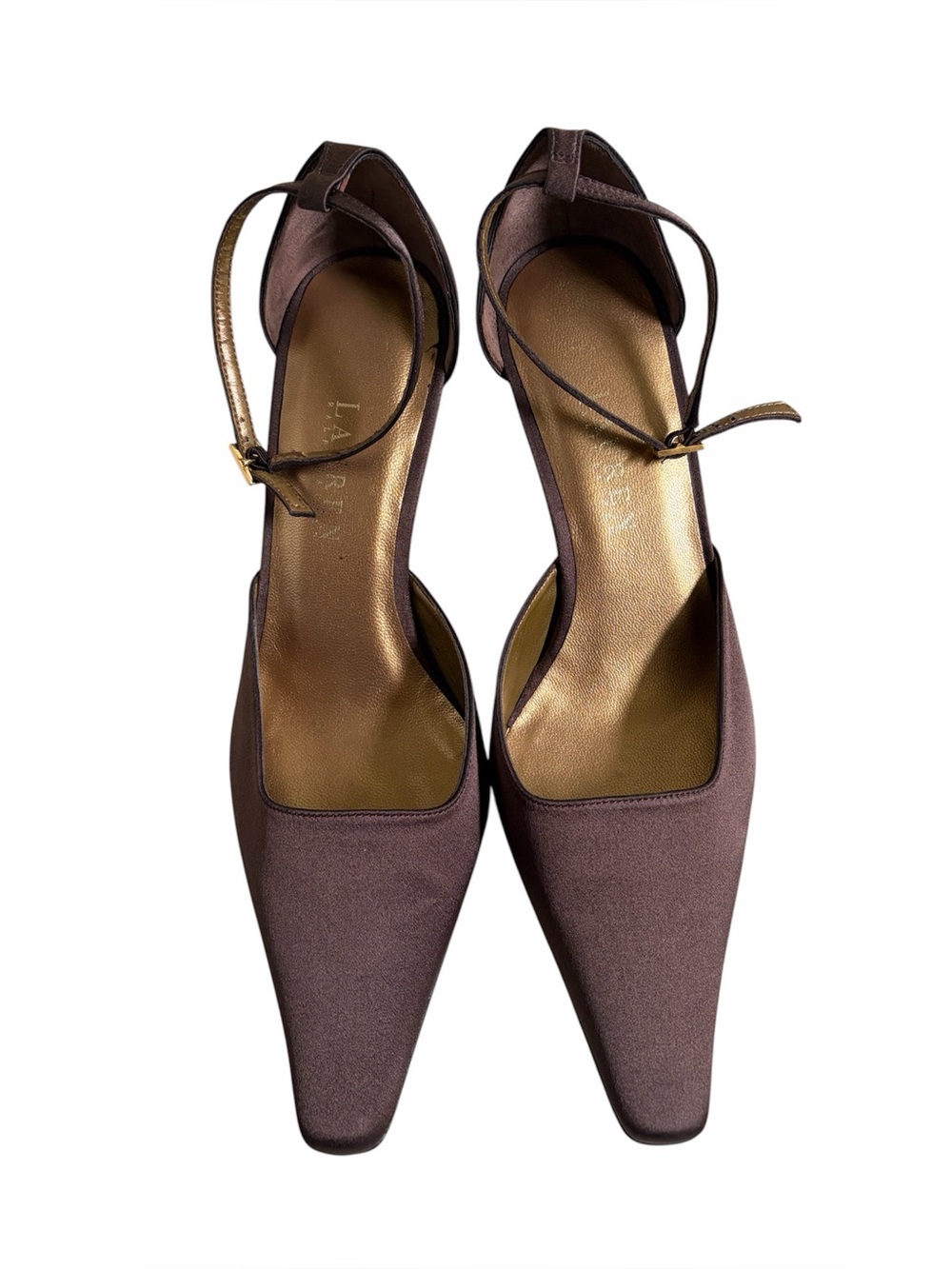 Lauren Ralph Lauren New Brown Satin Pointed-Toe Ankle-Strap Pump Heels Size 9